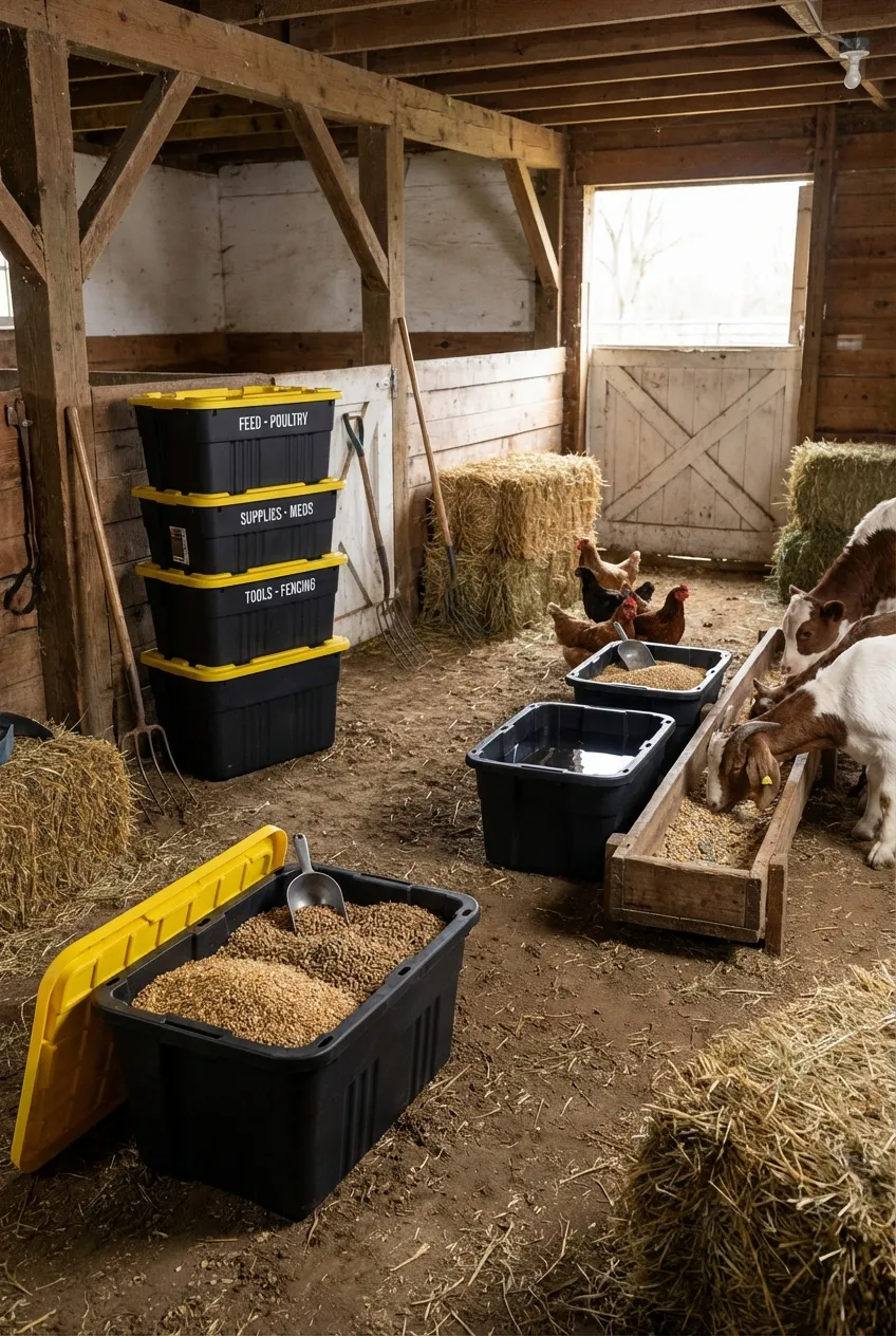Farm storage with heavy-duty totes for feed and tools